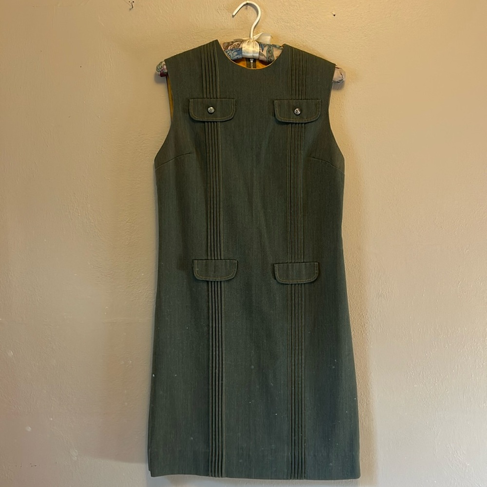 -Vintage Mid Century Bobbie Brooks Moss Green Herringbone Jumper Dress